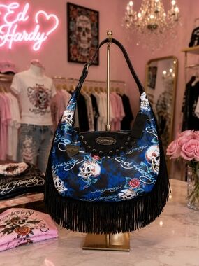 Ed Hardy Blue and Black Skull Fringe Shoulder Bag
